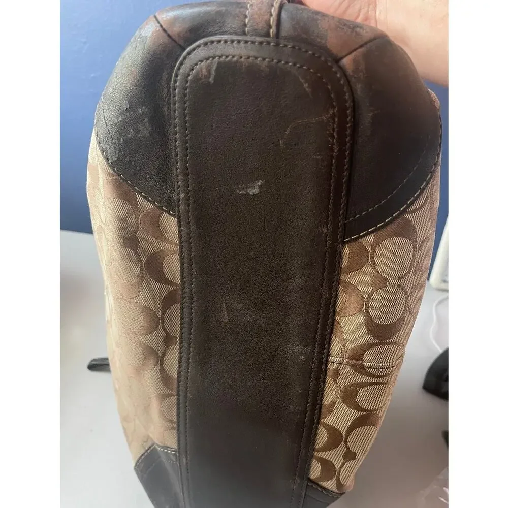 Coach Signature Jacquard Shoulder Bag Brown Tan Canvas Leather Trim Zip Top
